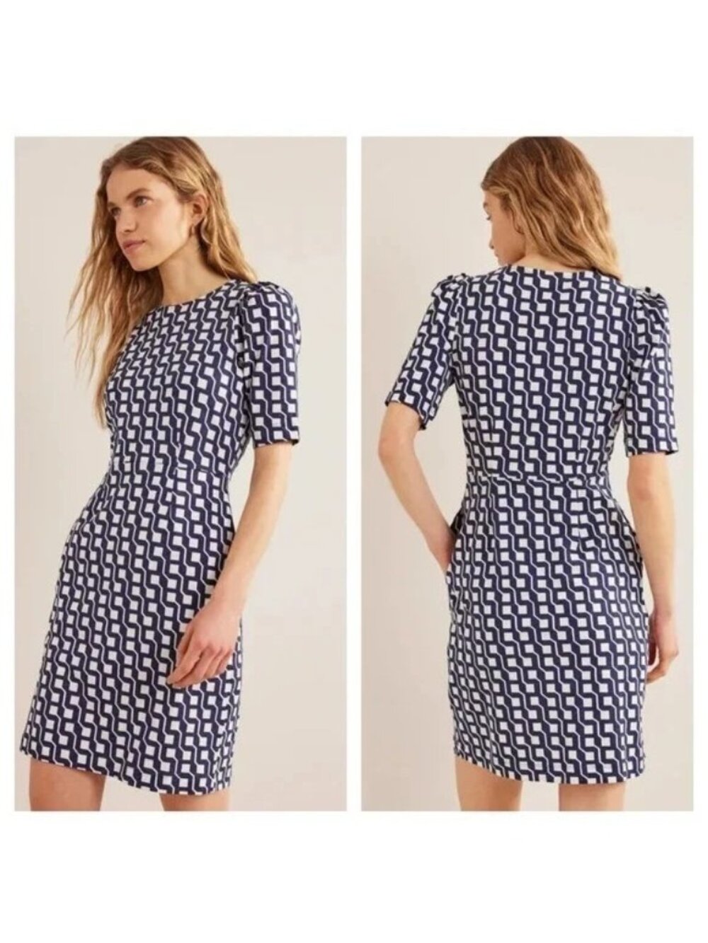 EUC Boden Zoe Dress Women's Geometric Knee White Navy Blue Cotton Pockets 4P